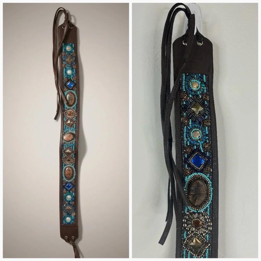 Beaded Faux Leather Embellished Fringe Tie Belt Southwestern Boho Festival OS